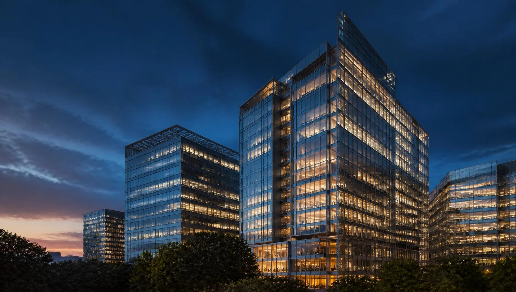 Institutional office towers at dusk