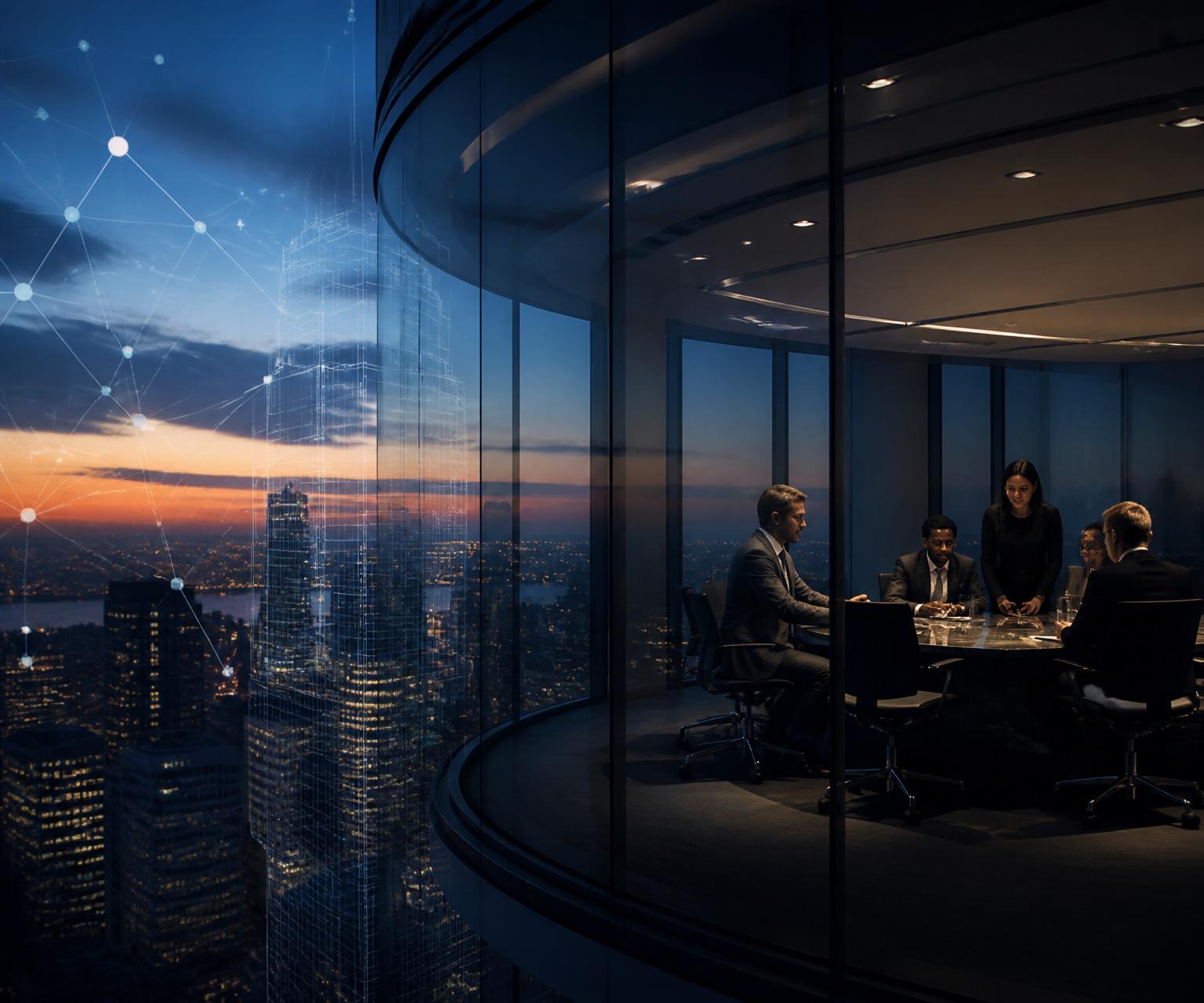 Executive team collaborating in a modern glass-walled boardroom at dusk overlooking a city skyline, with a subtle connected-network overlay representing Nubuild's integrated real estate platform