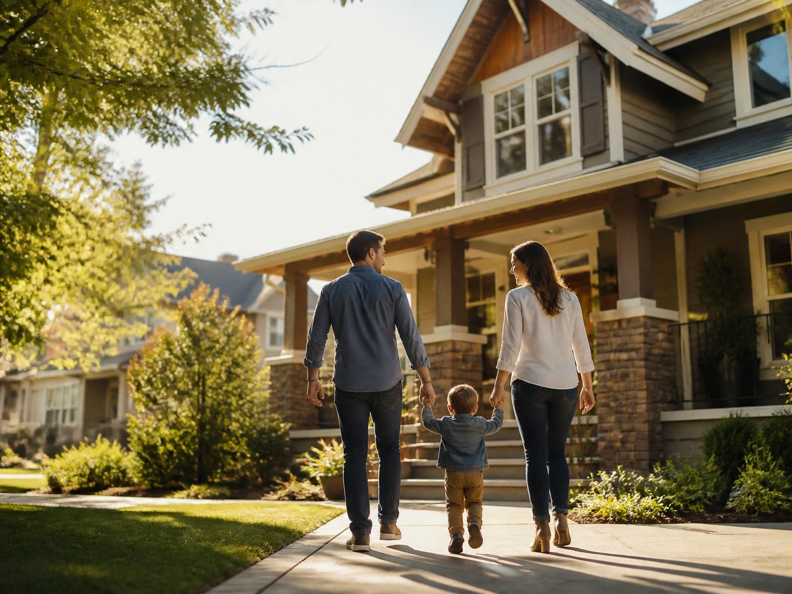 Family arriving at a warm modern home in a residential neighborhood