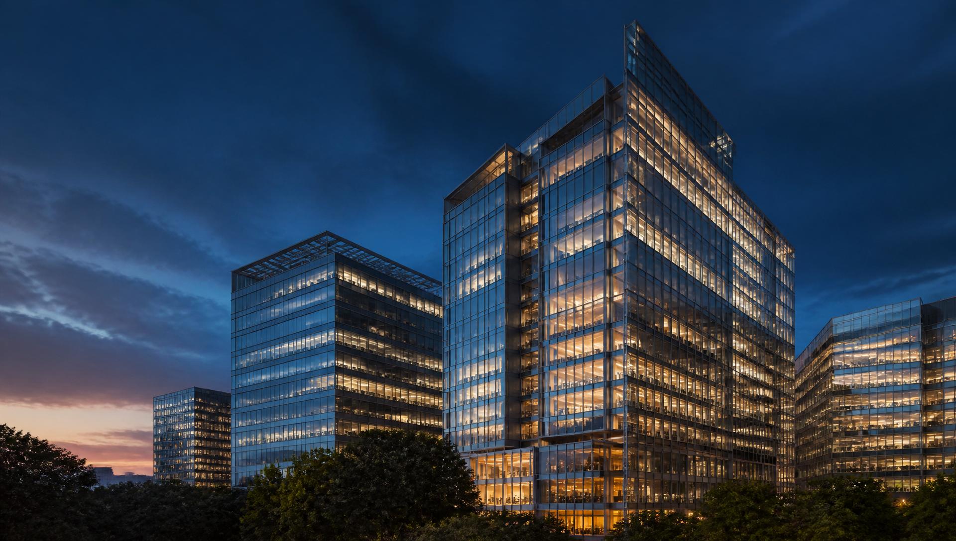Institutional office towers at dusk