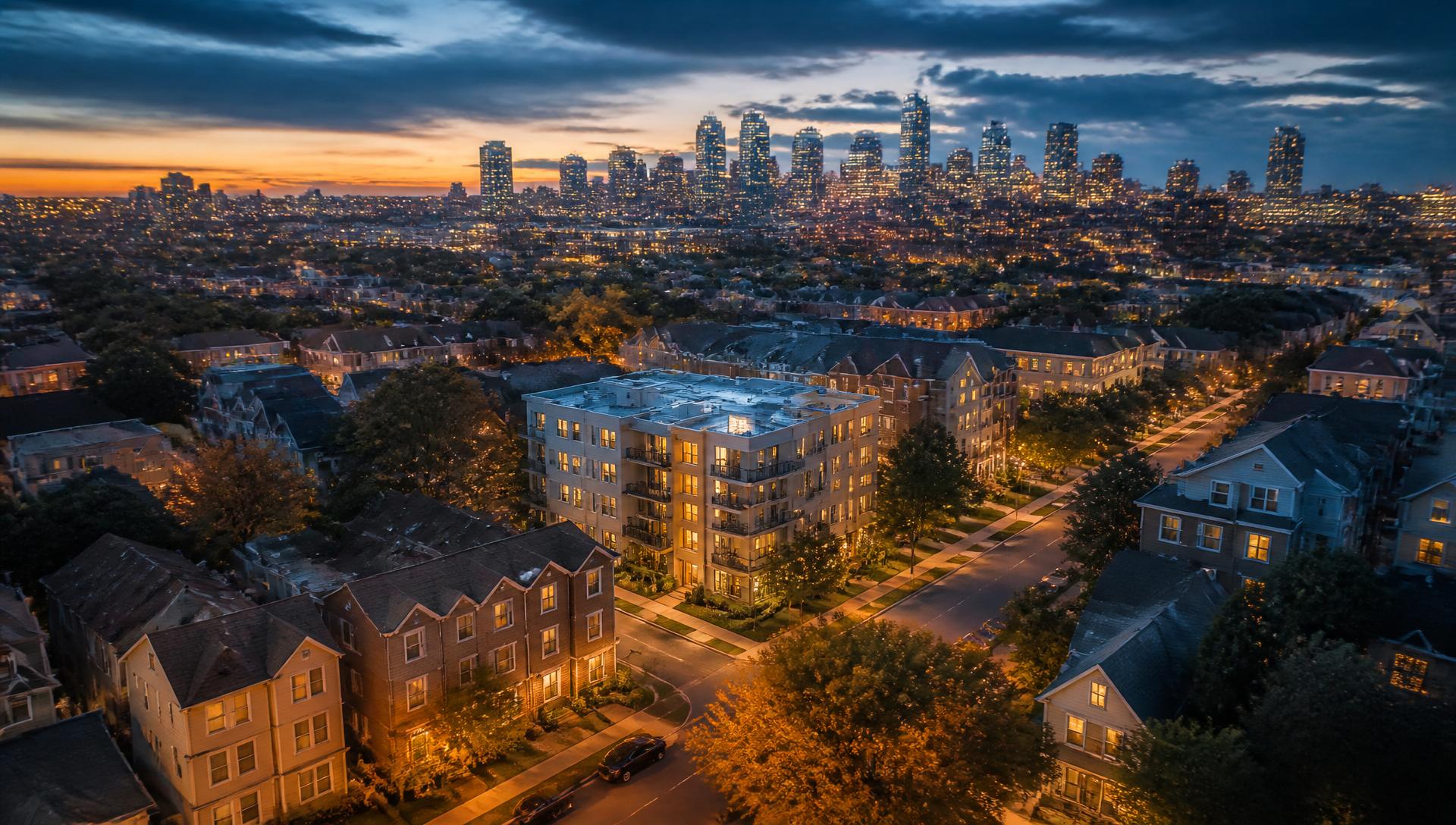Aerial view of a premium residential neighborhood at dusk