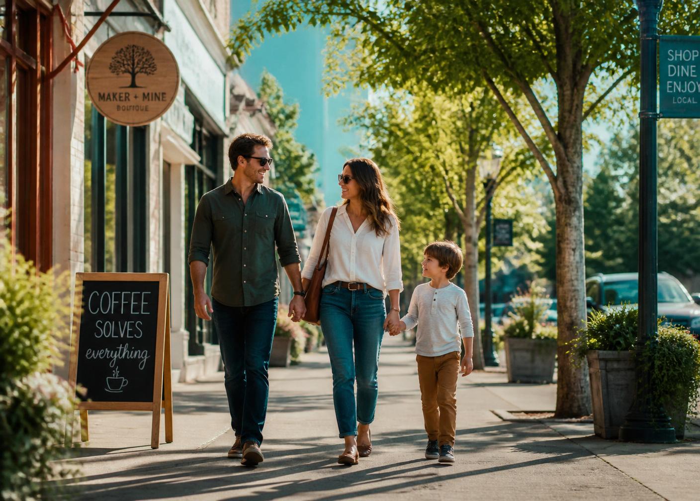 Family exploring a warm walkable neighborhood in a new town