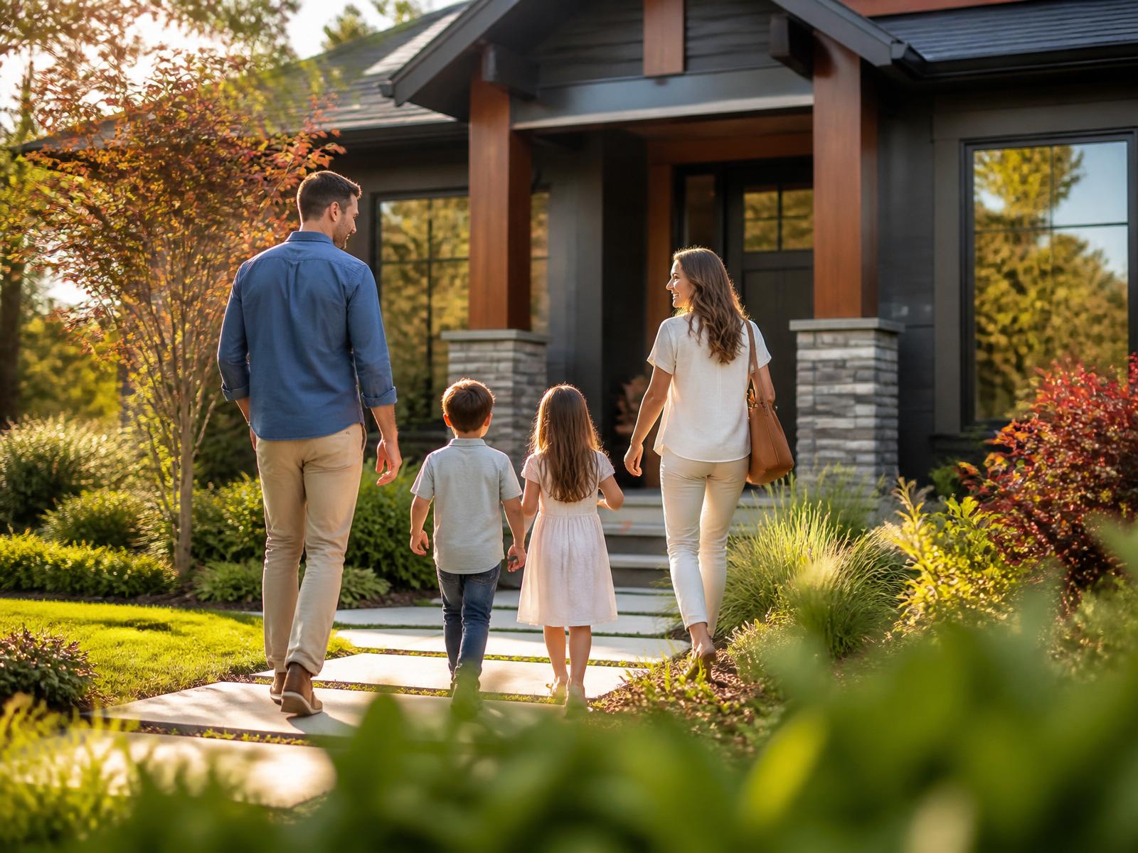 A family arriving at their new home in a premium neighborhood