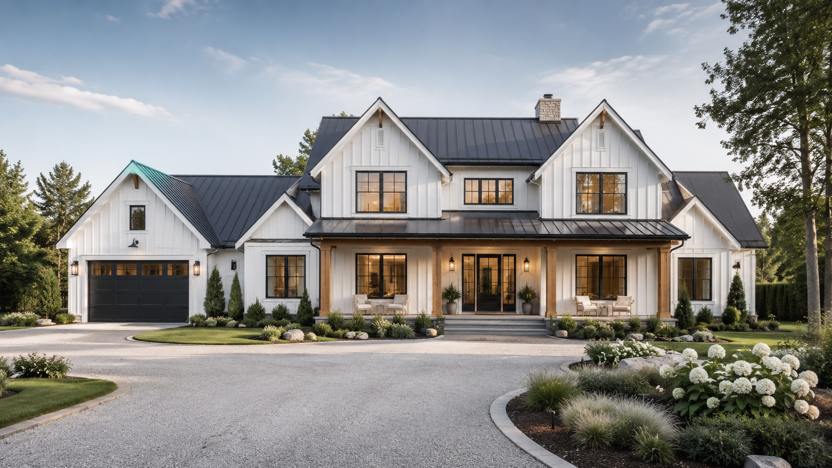 Modern farmhouse new construction at dusk
