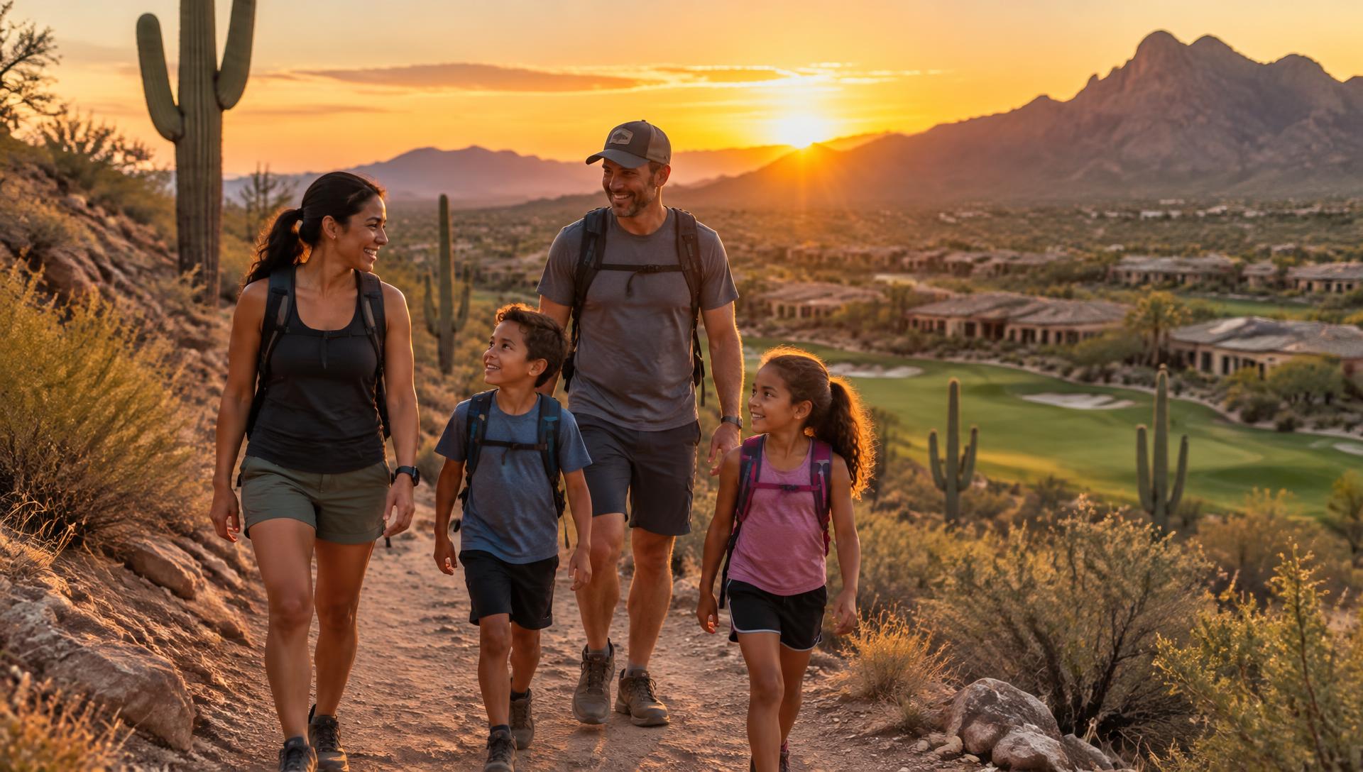 A multicultural family hiking a Sonoran desert trail at sunset above an Arizona golf community