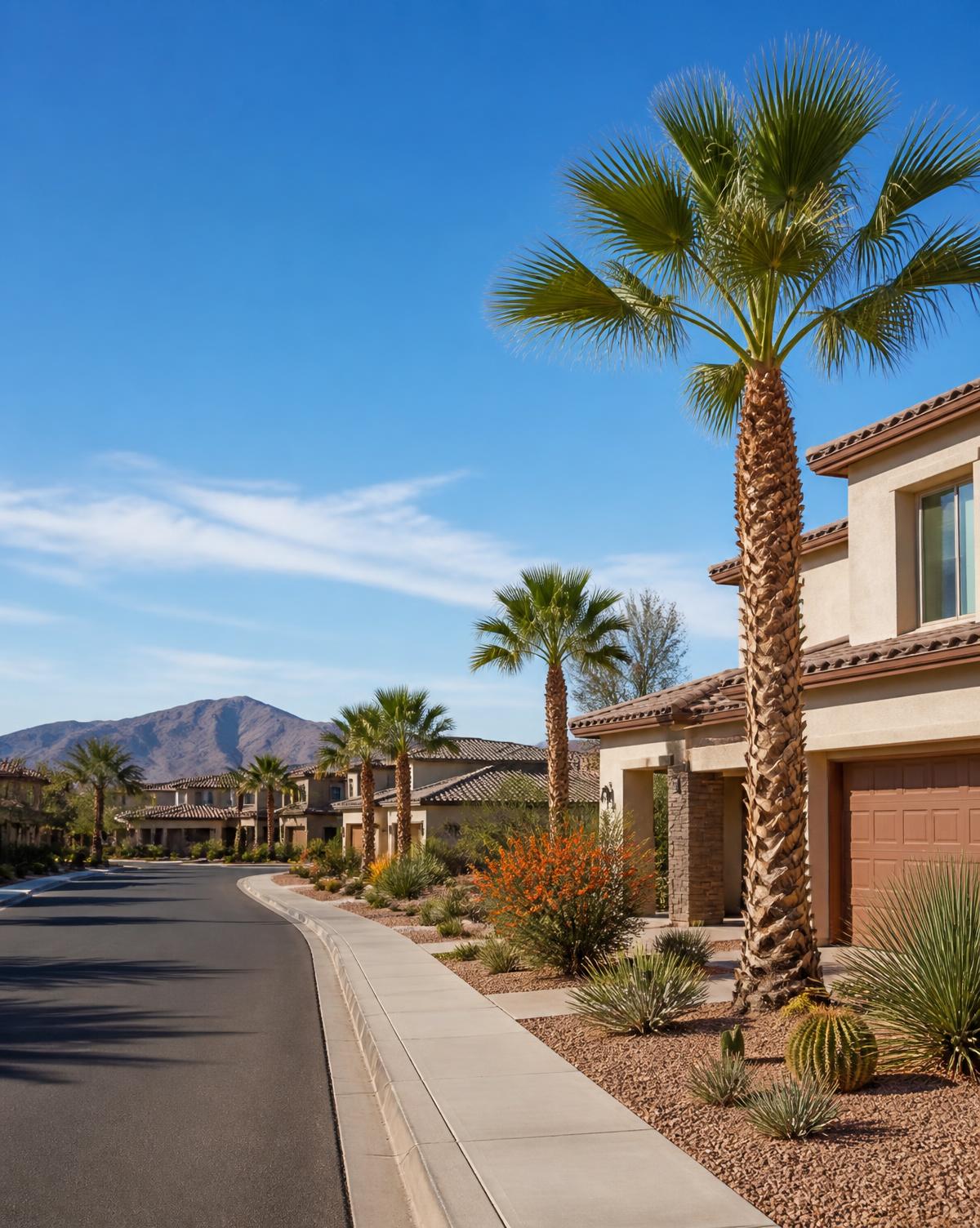 Arizona master-planned community street with new homes, palms and desert landscaping