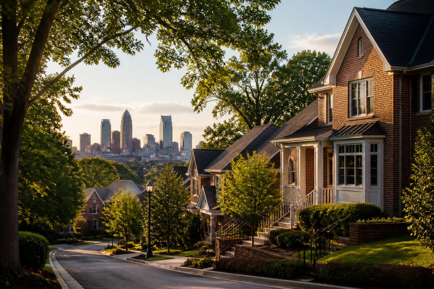 Charlotte residential street with brick homes, mature trees and the city skyline in the distance