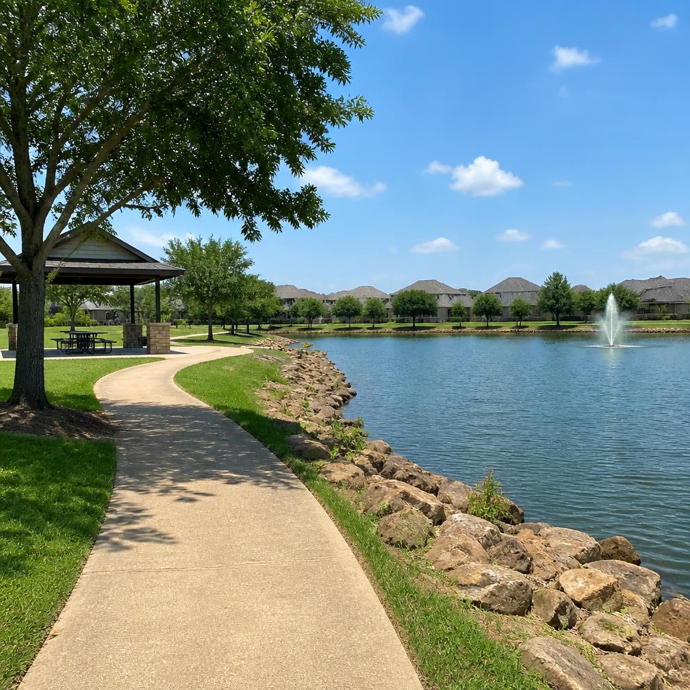 North Texas community lake park with a walking trail and pavilion