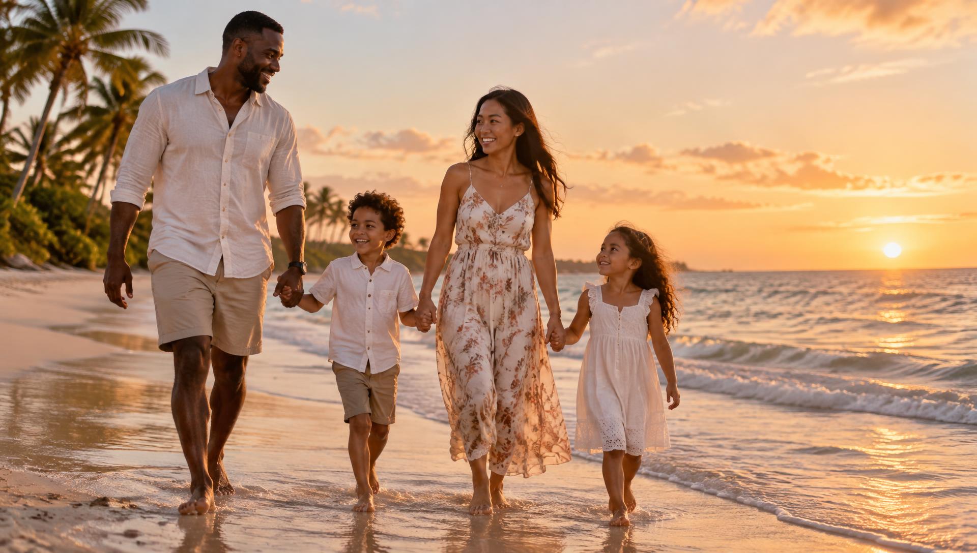 A multicultural family walking barefoot along a Florida beach at sunset with palm trees nearby
