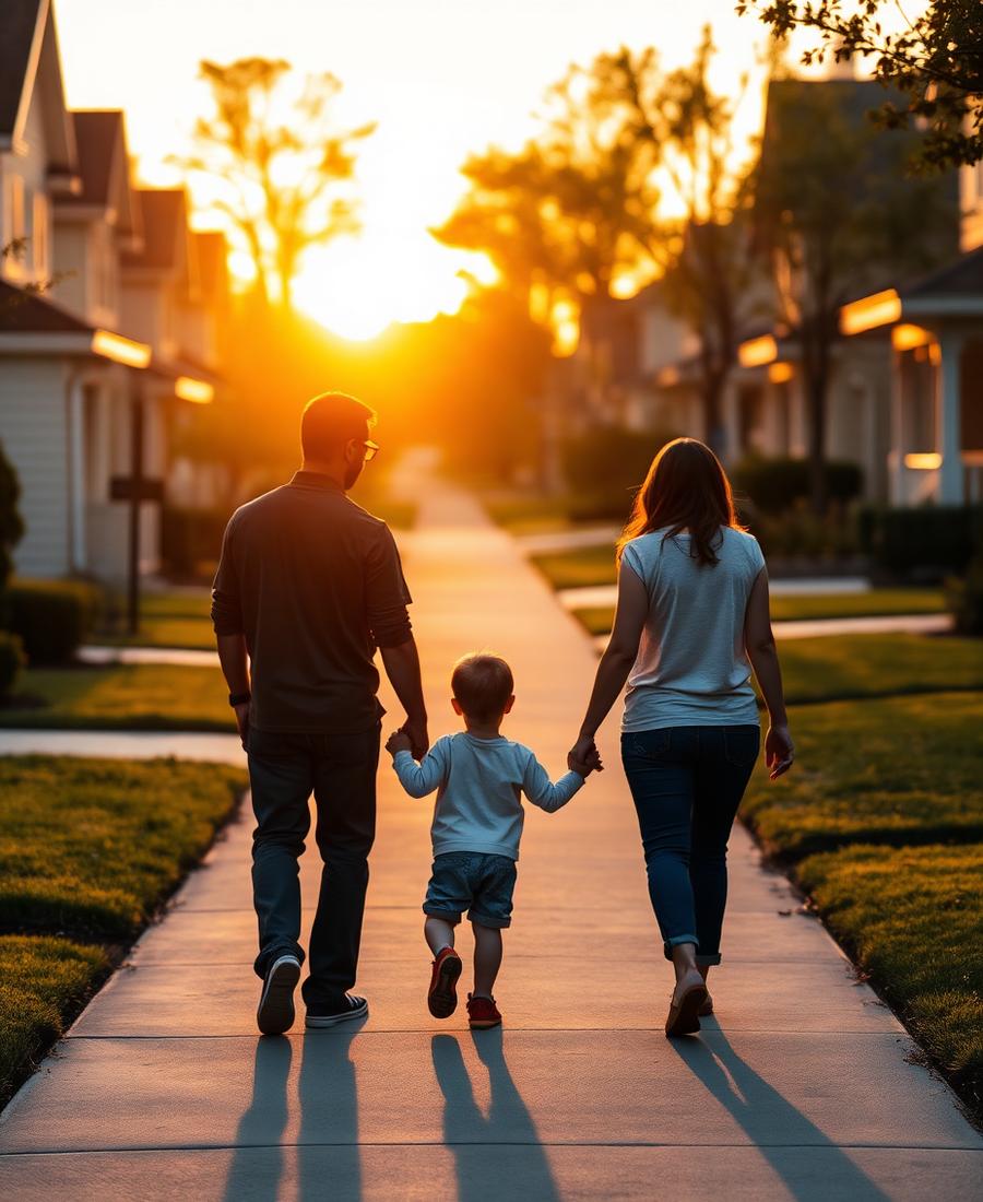 Family walking in a neighborhood at sunset