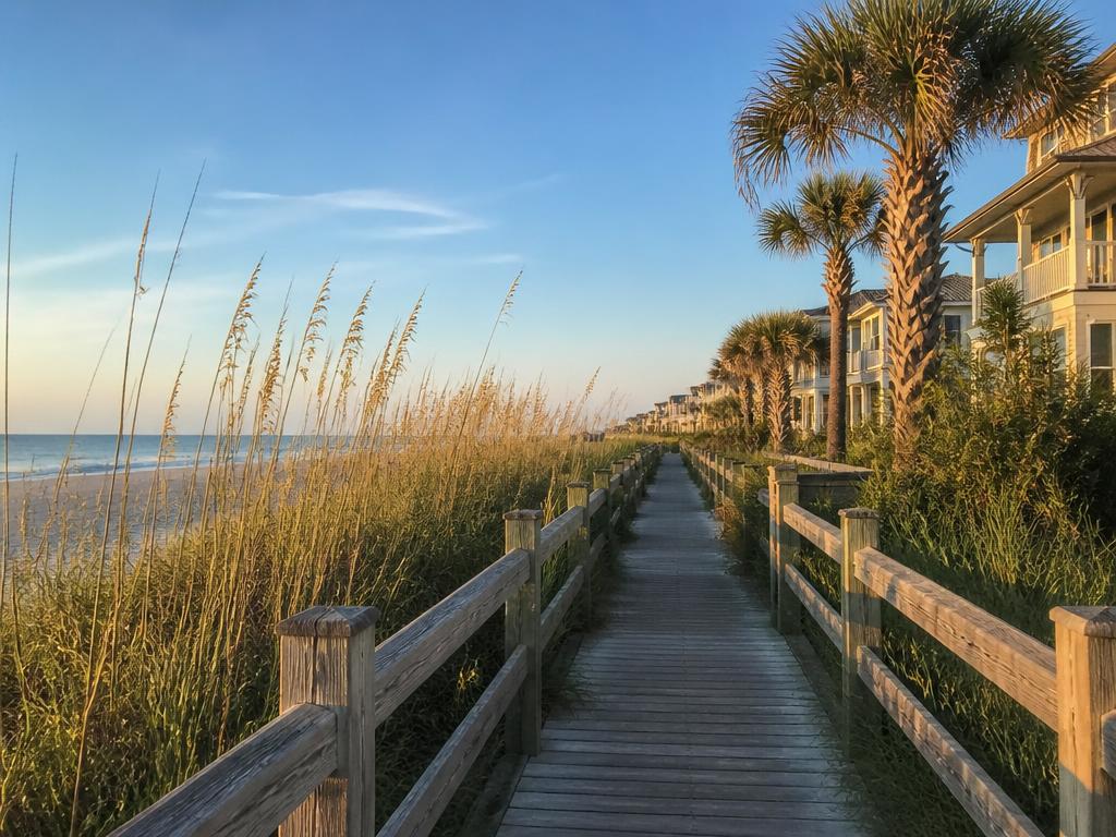 Beach boardwalk with sea oats, palms and beachfront homes