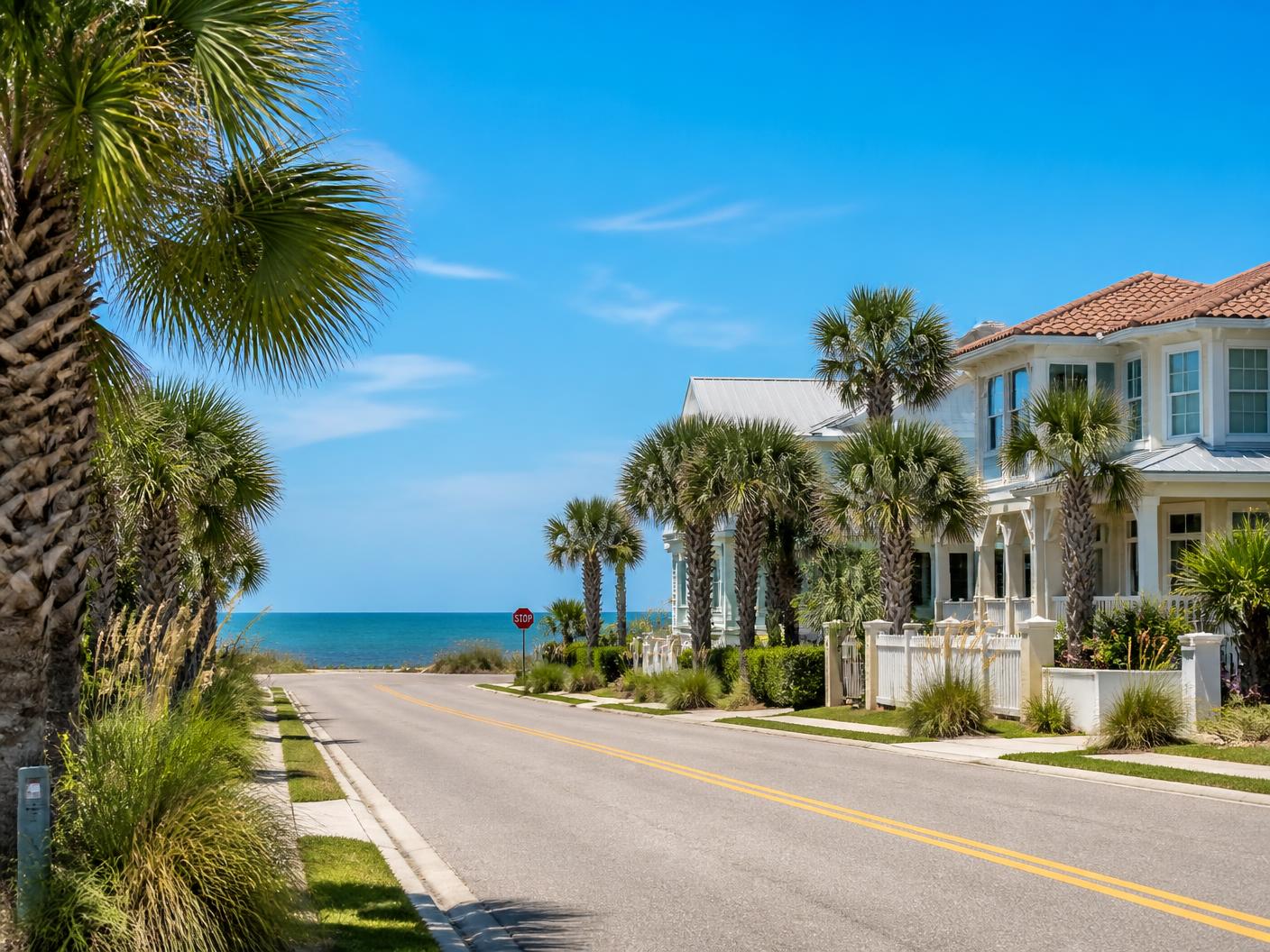 Palm-lined coastal residential street near the Atlantic in Northeast Florida