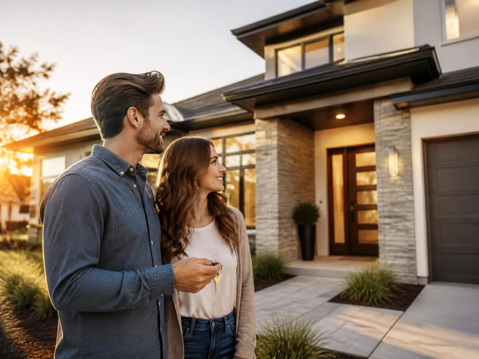 First-time homebuyers standing outside a newly built home