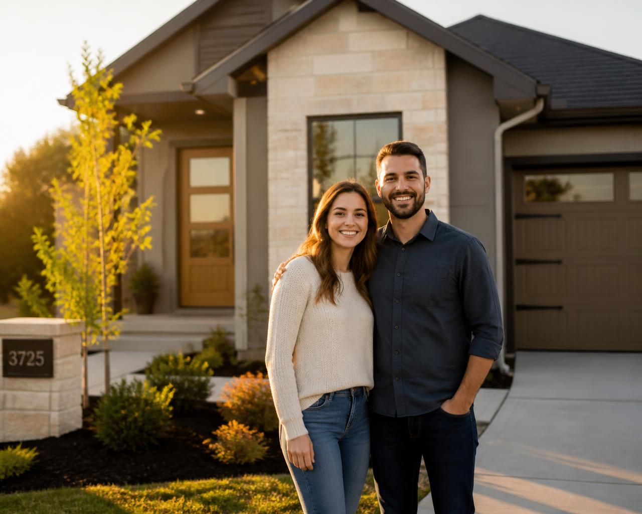 First-time homebuyers standing in front of a newly completed home