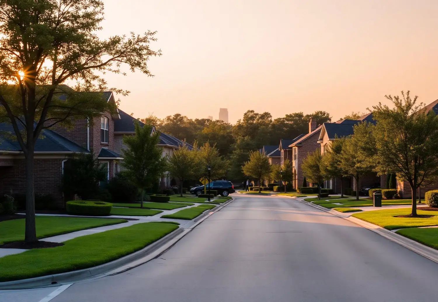 Tree-lined suburban Houston area neighborhood street at golden hour