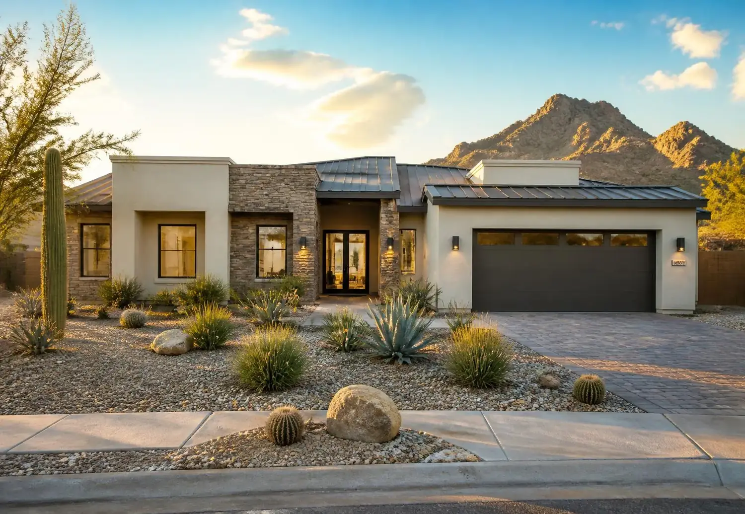 Desert-modern new home exterior in a Phoenix area neighborhood at golden hour