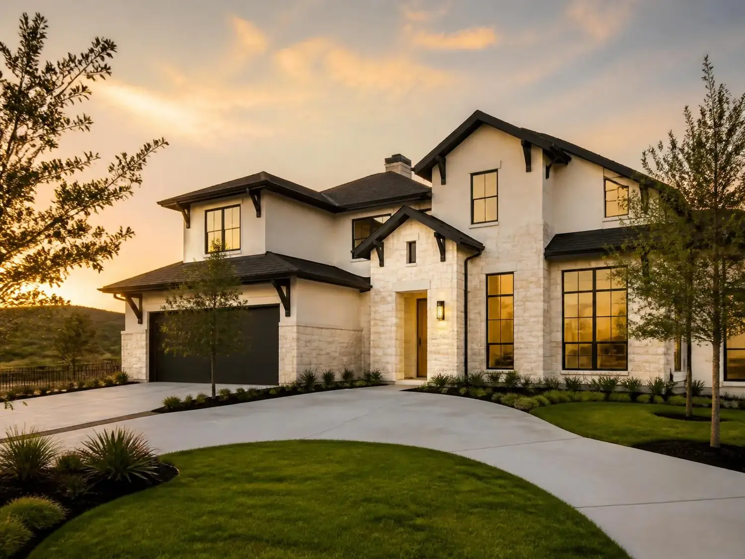 New-construction home at golden hour in a San Antonio area community