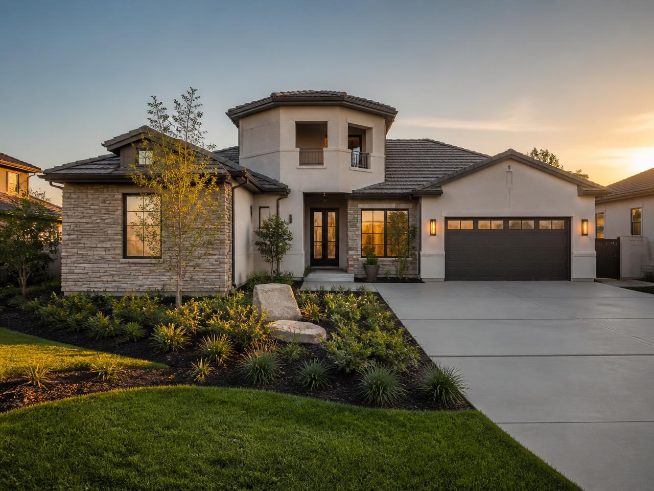 New home in a recently built residential community at golden hour
