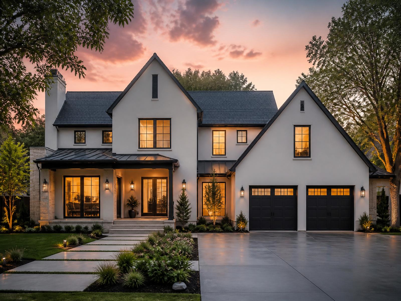Warmly lit new-construction home at evening