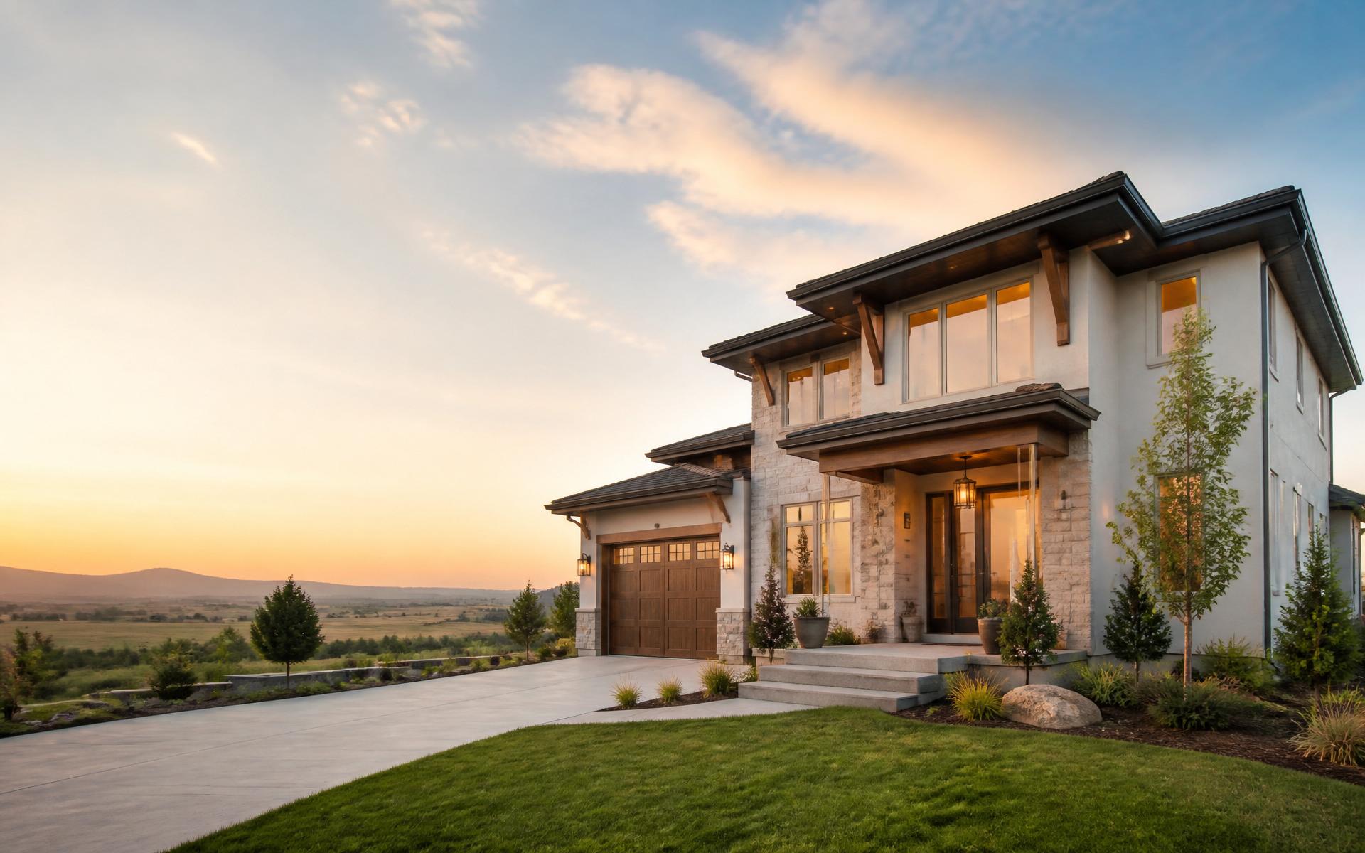 Modern new-construction home at golden hour