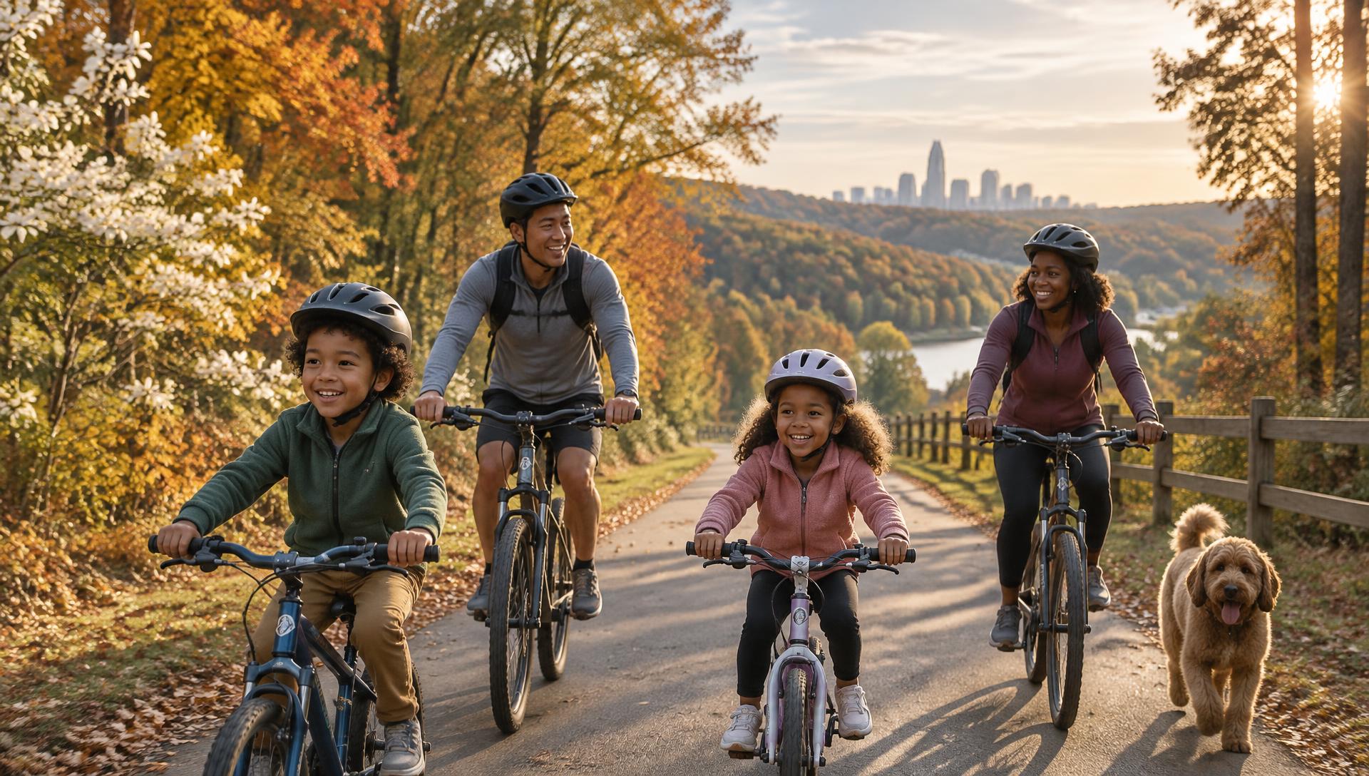 A multicultural family biking a tree-lined Charlotte-area greenway trail in warm autumn light