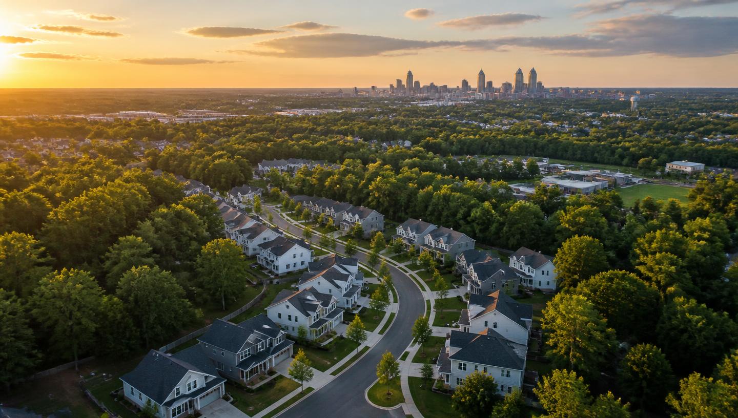 Aerial view of a green Charlotte-area residential community at golden hour with the skyline on the horizon