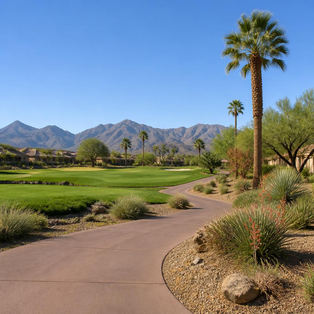 Desert community path beside a golf course with palms and mountain views
