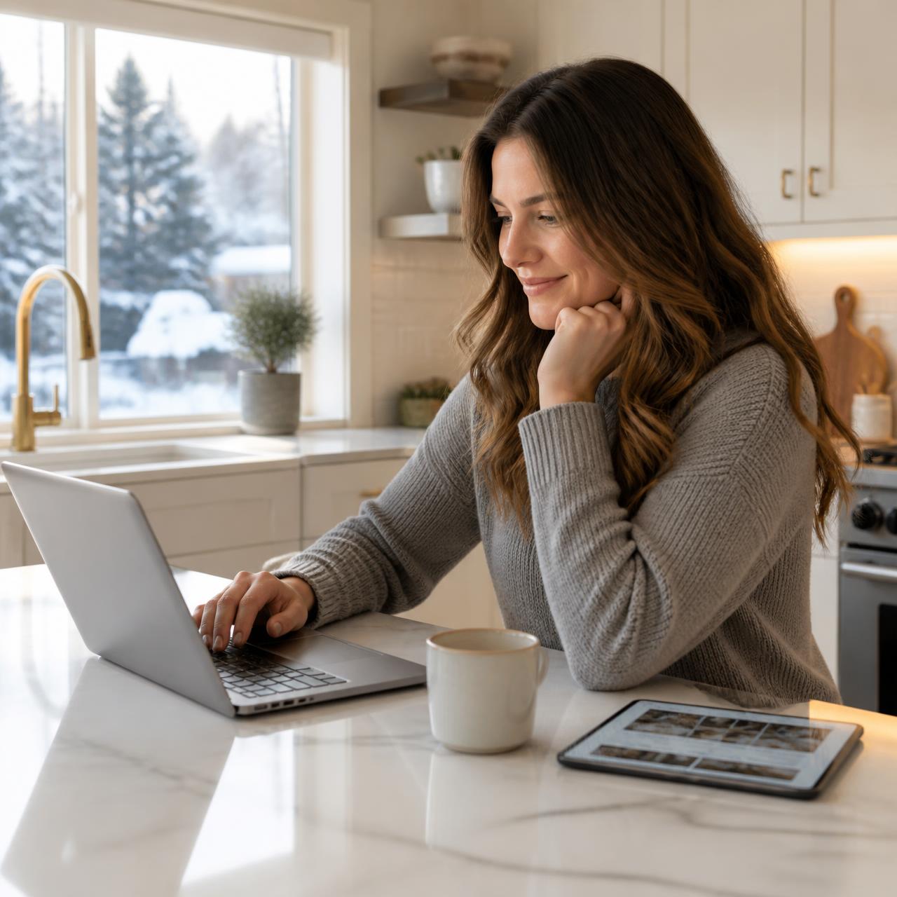 Woman at her kitchen island in a snowy northern climate, browsing Florida home listings on a laptop