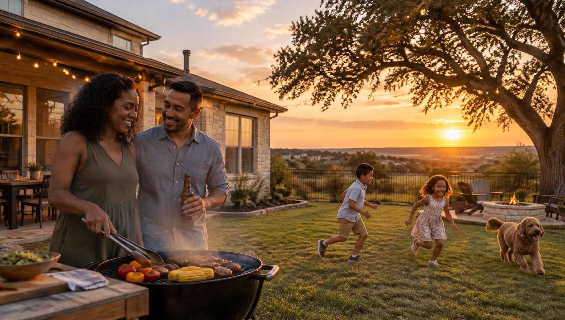 A multicultural family grilling and playing in the backyard of a Texas home at sunset
