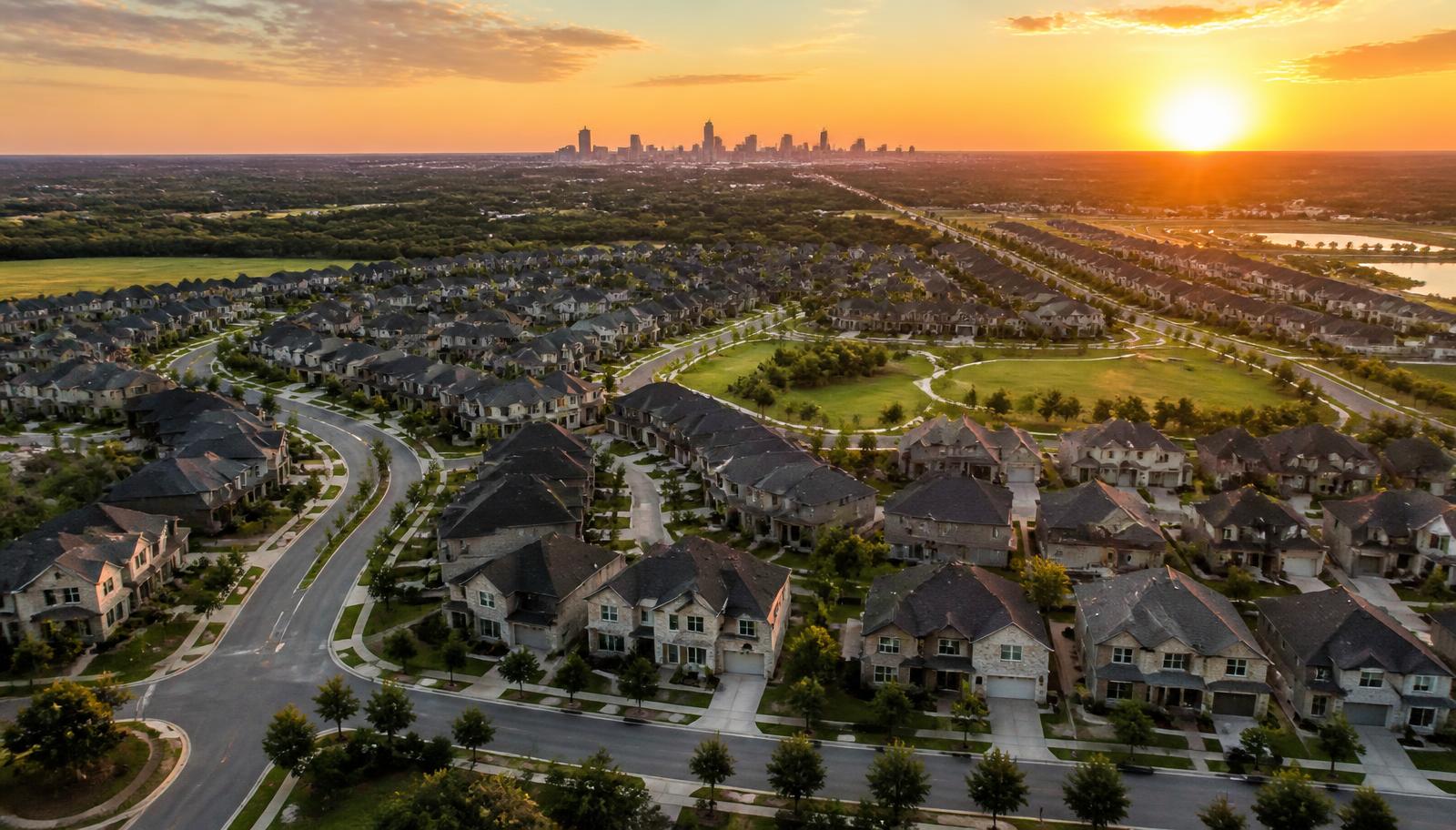 Aerial view of a Texas suburban community at sunset with new homes and a distant skyline