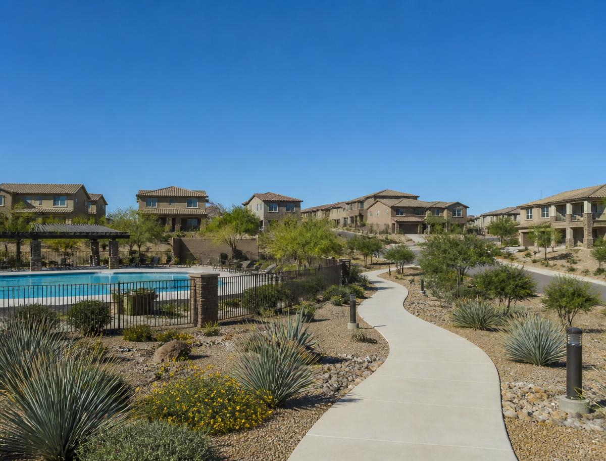 Arizona master-planned neighborhood with new homes, a pool and desert landscaping