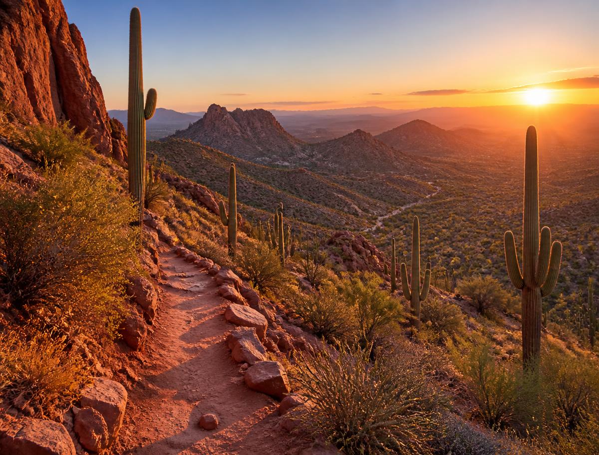 Sonoran desert trail with saguaro cactus and mountain ridges at sunrise