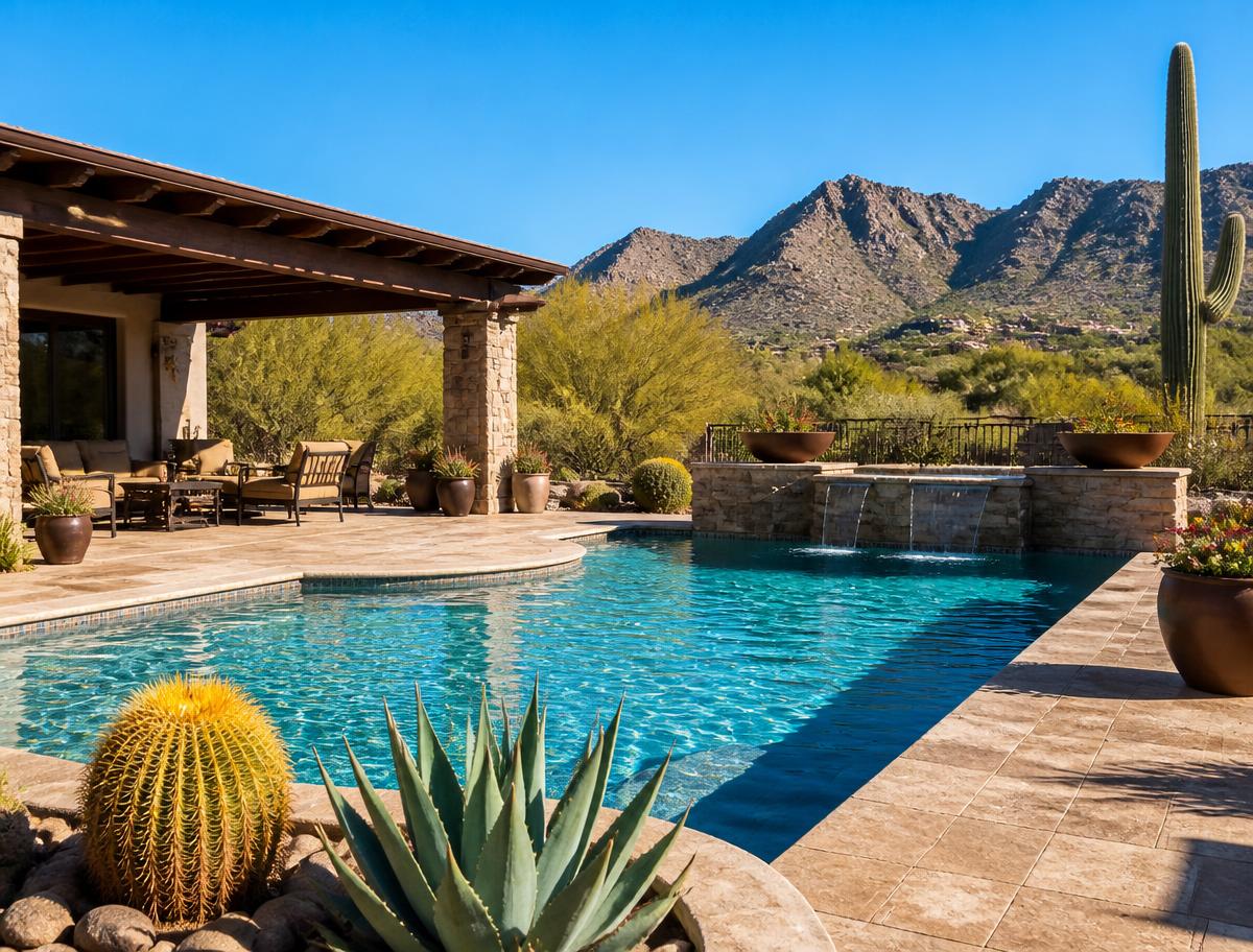 Arizona backyard with a pool, shade ramada, desert plants and mountains behind