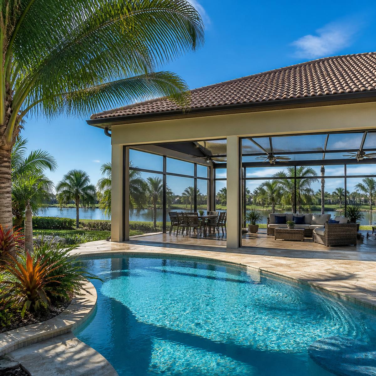 Florida home with a screened lanai and pool in afternoon sun