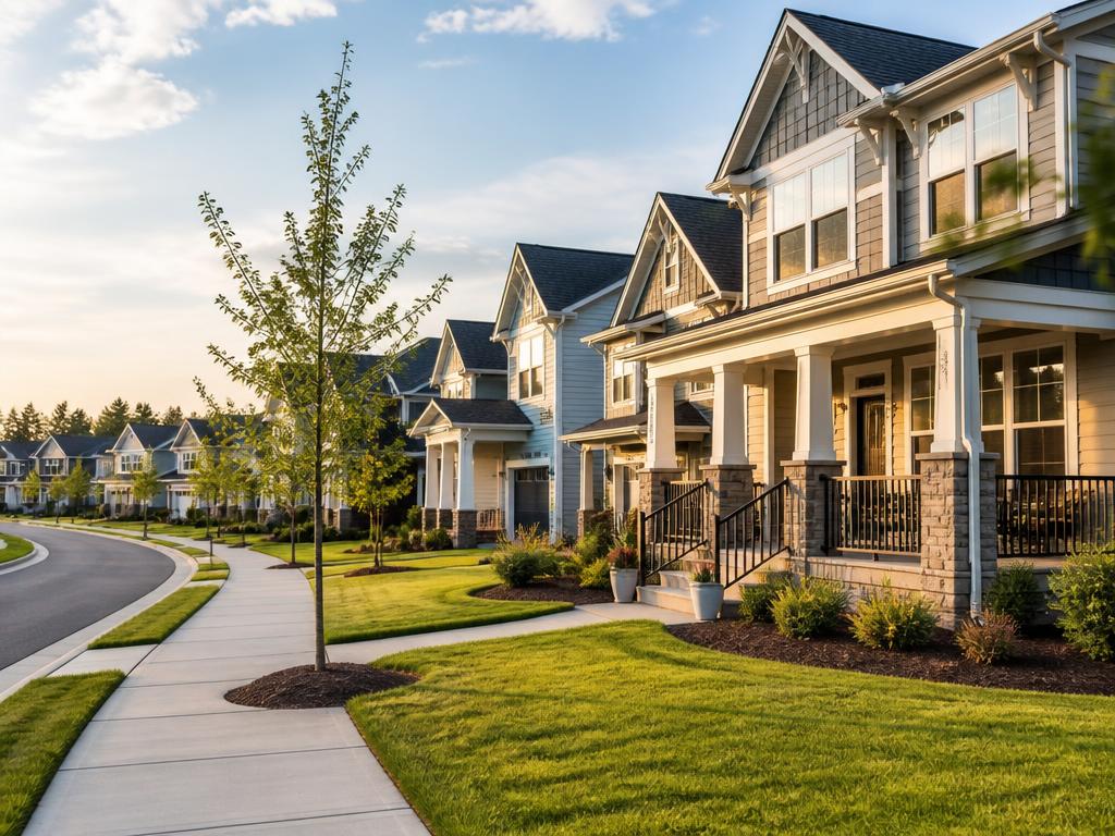 New-construction Charlotte-area community street with modern craftsman homes