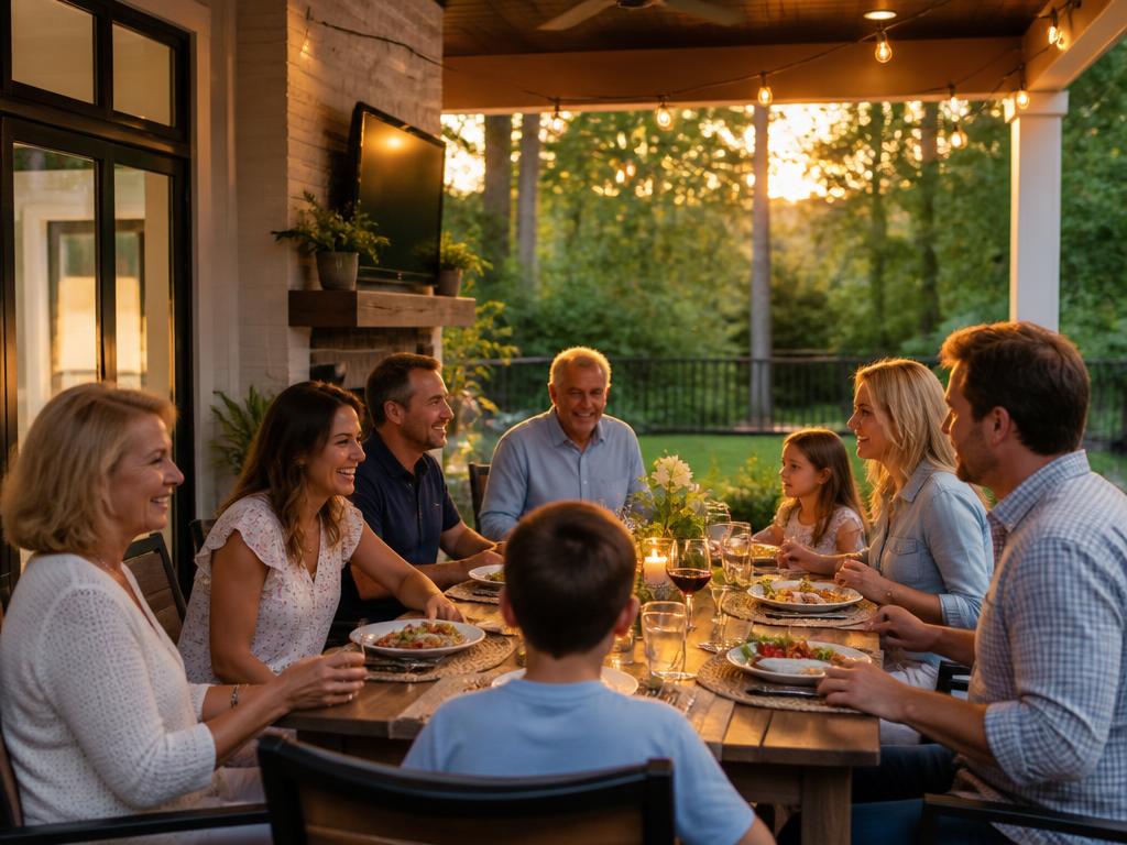 Family and friends dining on the covered patio of a Charlotte-area home at golden hour